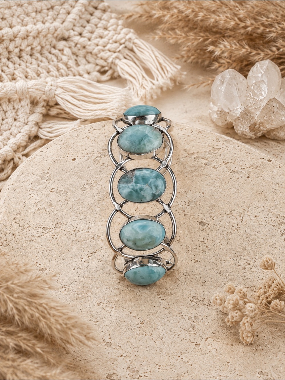 925 Silver Plated Premium Larimar Adjustable Bangle - Picture 2 of 3